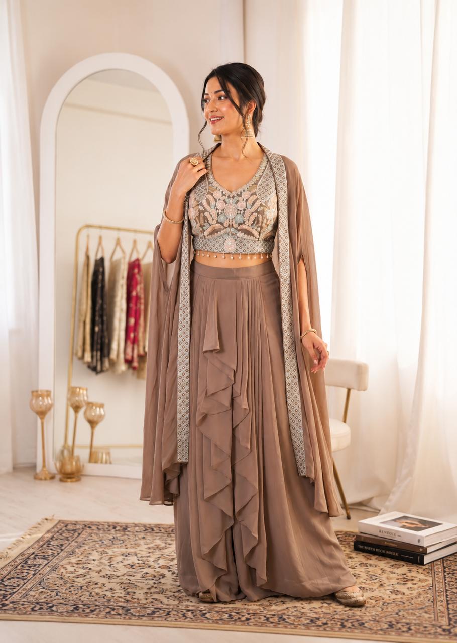 Faux Georgette Embroidered Shrug & Sharara Party Ensemble