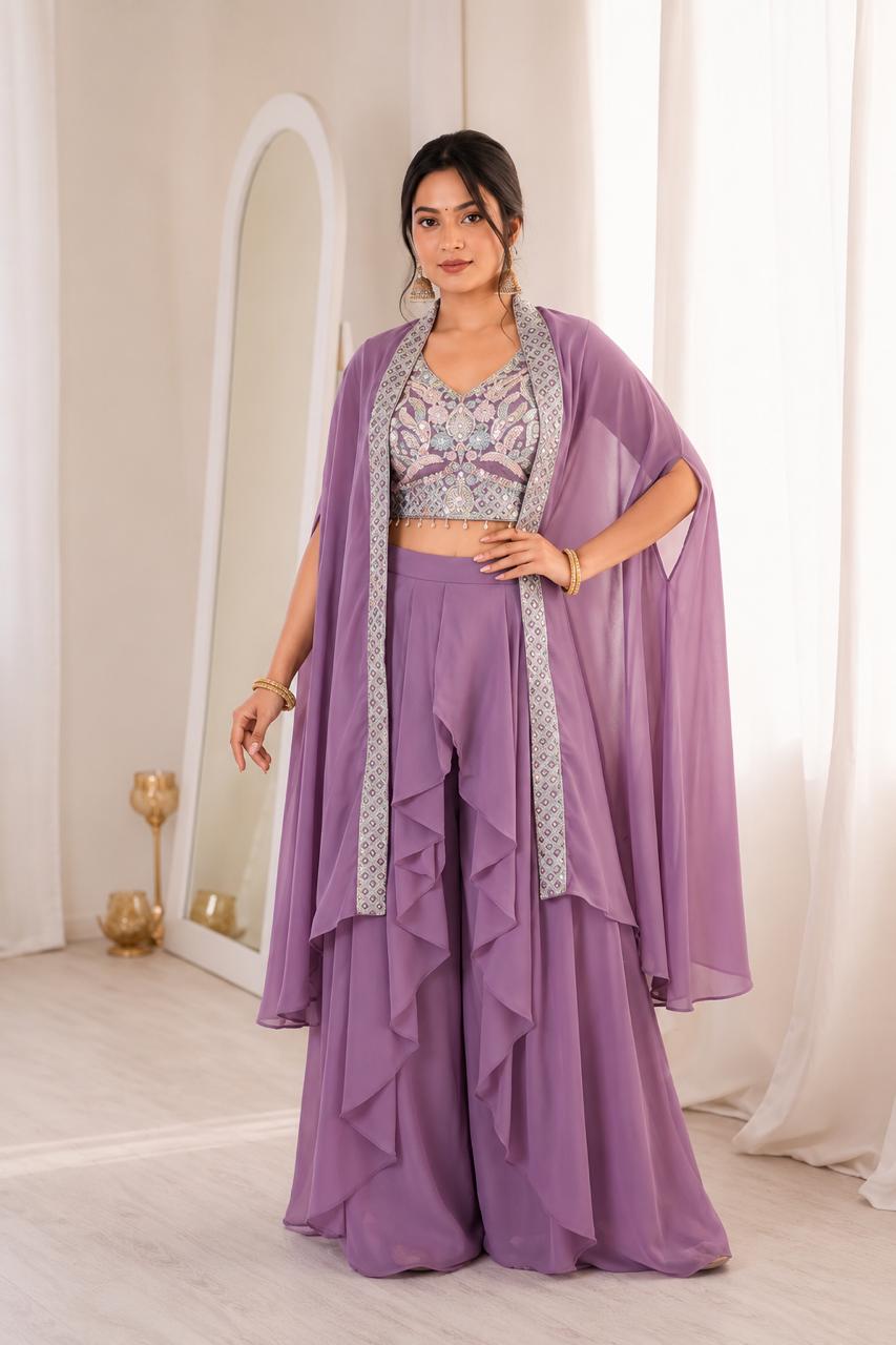 Faux Georgette Embroidered Shrug & Sharara Party Ensemble