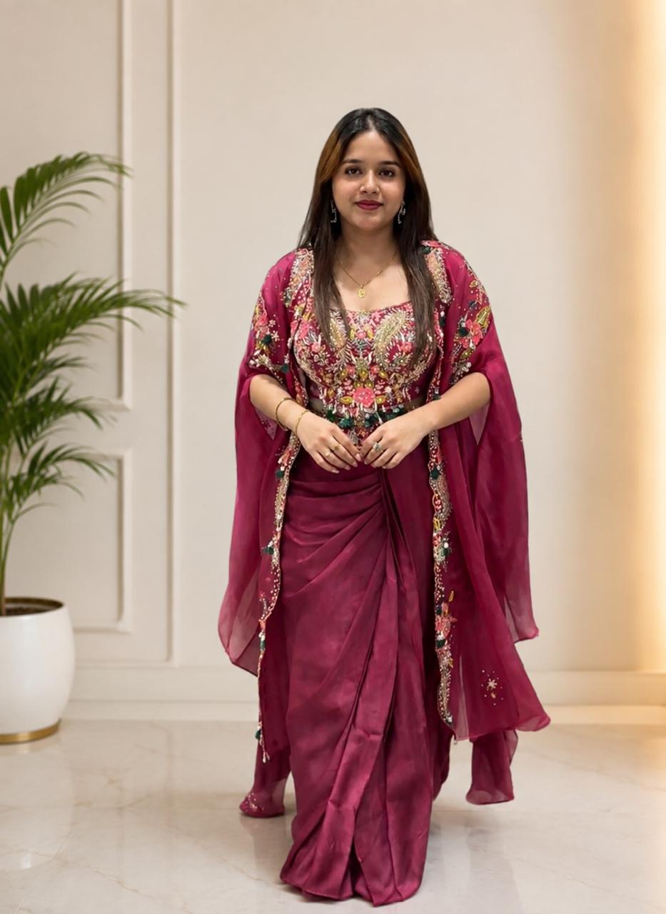 Natural Crepe Designer Shrug & Sharara Party Ensemble