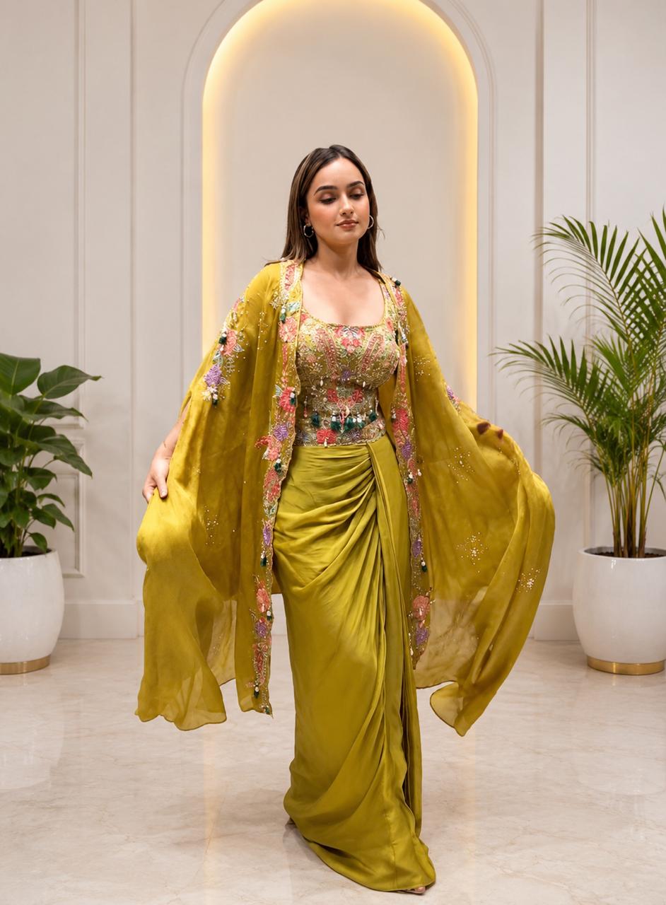 Natural Crepe Designer Shrug & Sharara Party Ensemble