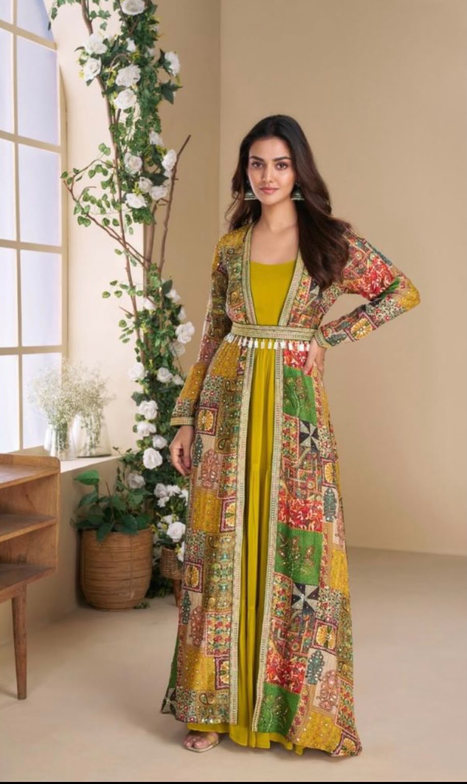 Handcrafted Silk Shrug & Georgette Indo-Western Set with Cowrie Shells