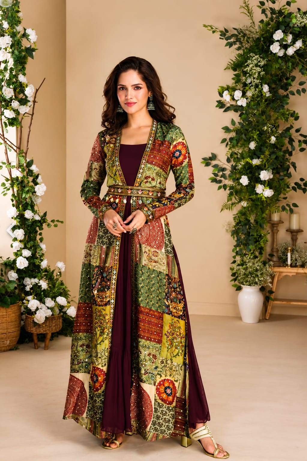 Handcrafted Silk Shrug & Georgette Indo-Western Set with Cowrie Shells