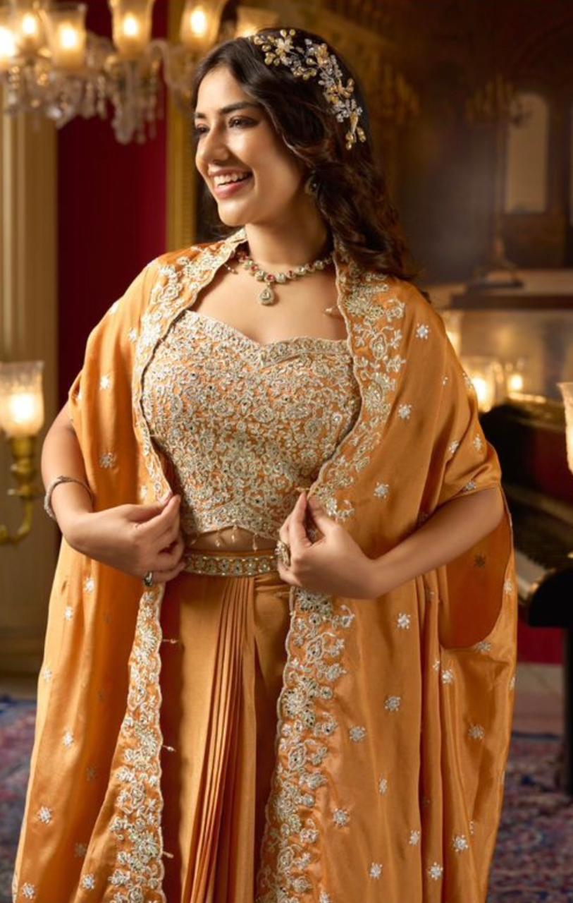 Premium Chinon Silk Embroidered Shrug Style Indo-Western Set