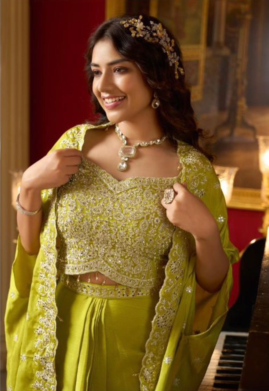 Premium Chinon Silk Embroidered Shrug Style Indo-Western Set