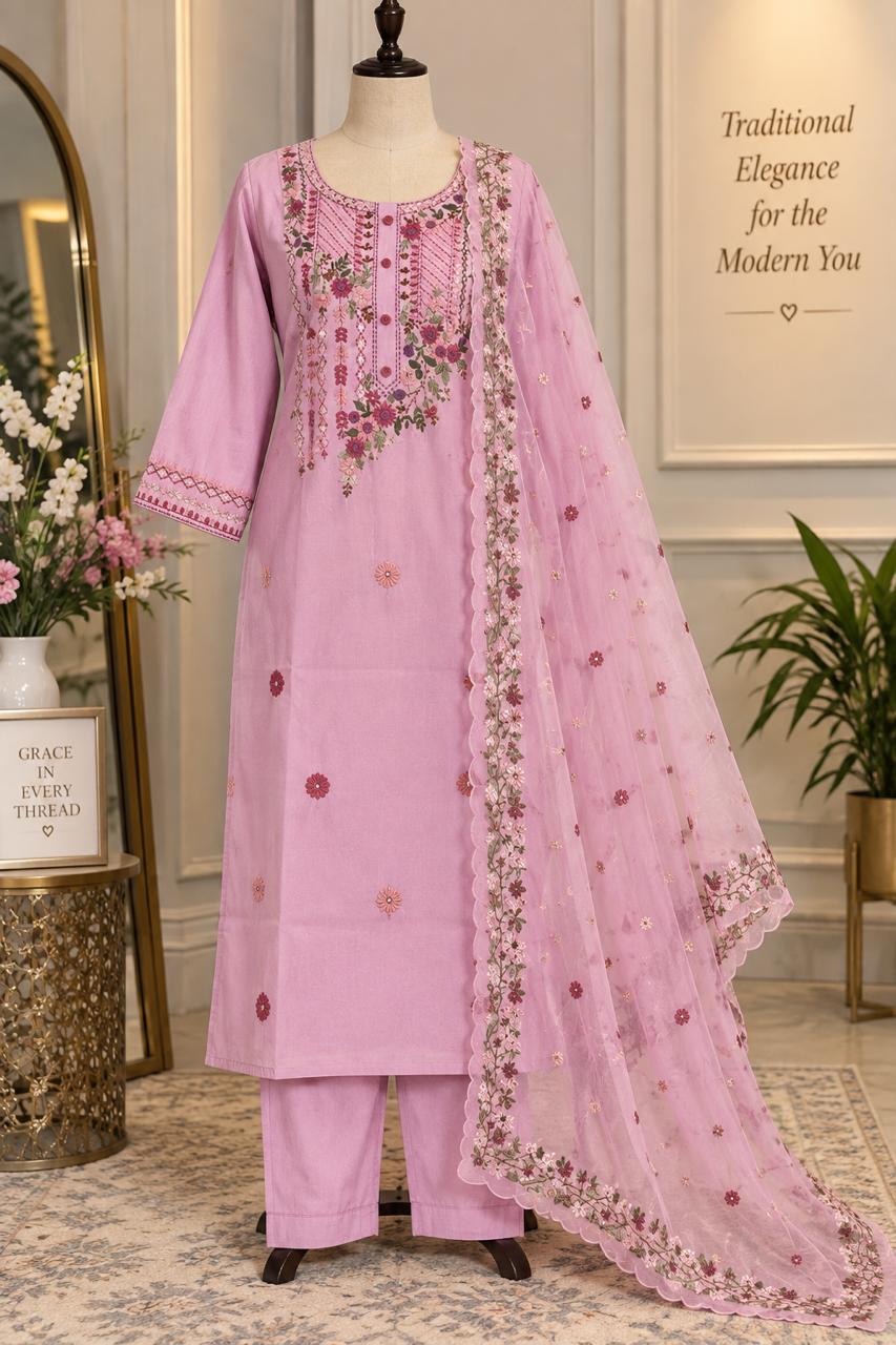 Crepe Silk Salwar Suit Set with Embroidered Organza Dupatta