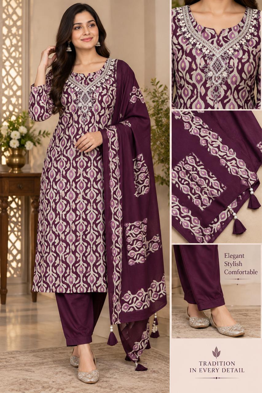 Pure Crepe Silk Designer Neck Embroidered Salwar Suit Set