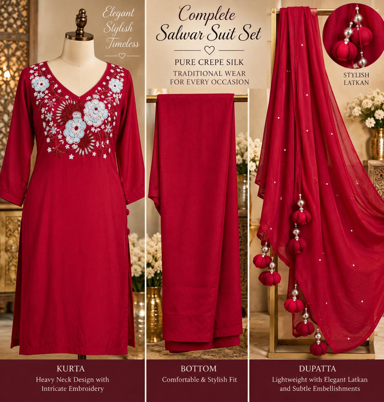 Pure Crepe Silk Embroidered Designer Salwar Suit Set with Fancy Latkans