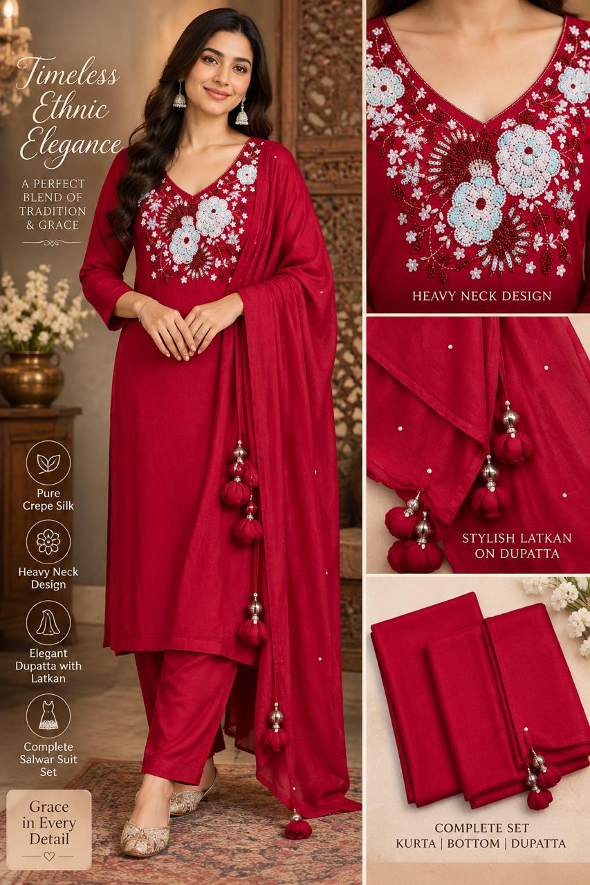 Pure Crepe Silk Embroidered Designer Salwar Suit Set with Fancy Latkans