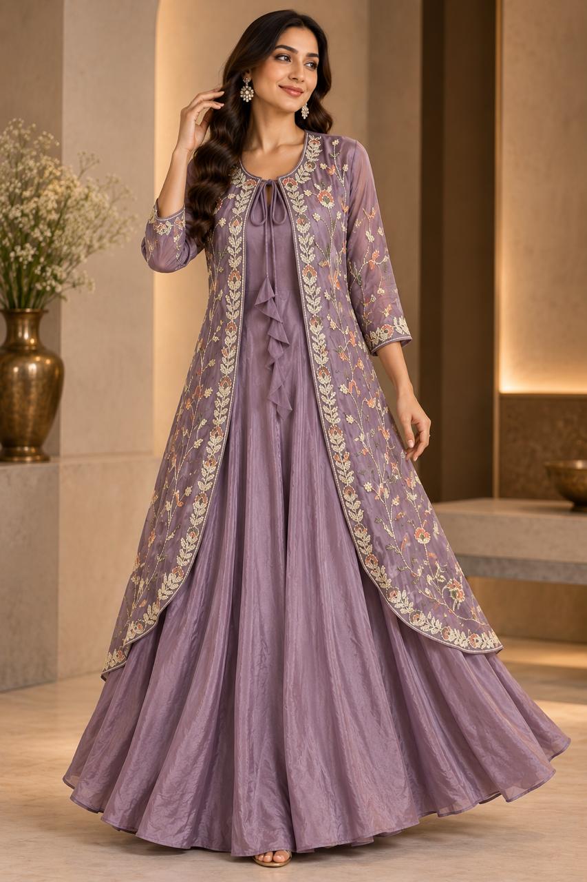 Indo-Western Pure Crepe Silk Inner Gown with Heavy Embroidered Jacket Set