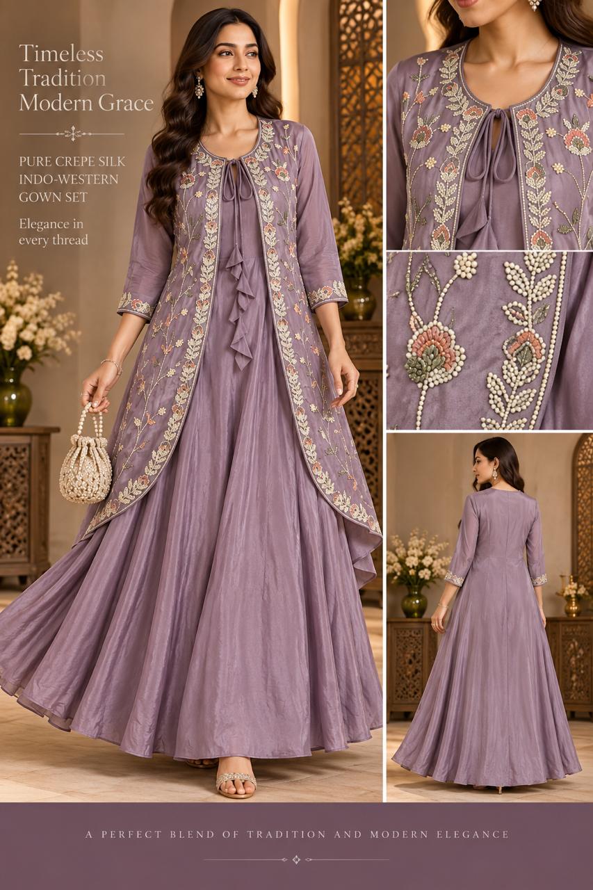 Indo-Western Pure Crepe Silk Inner Gown with Heavy Embroidered Jacket Set