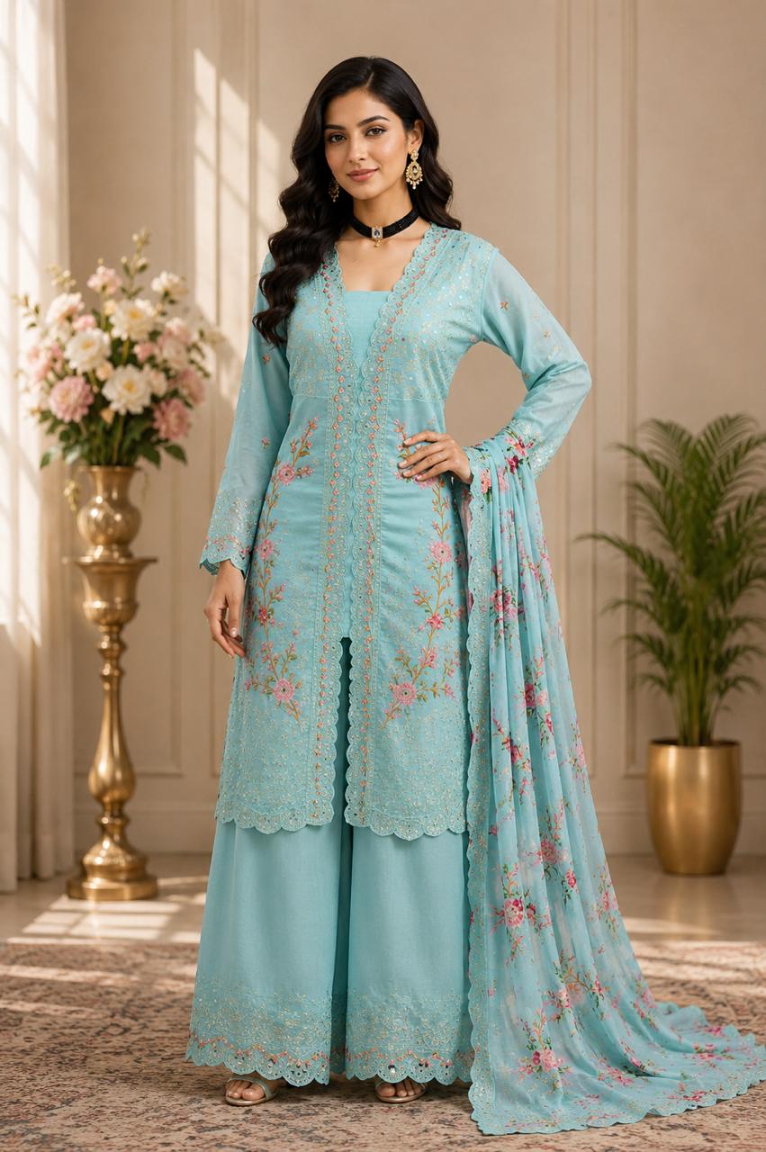 Vichitra Embroidered Kurti With Bottom & Chinon Dupatta