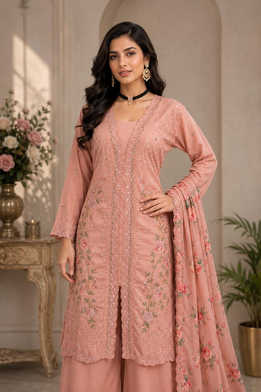 Vichitra Embroidered Kurti With Bottom & Chinon Dupatta