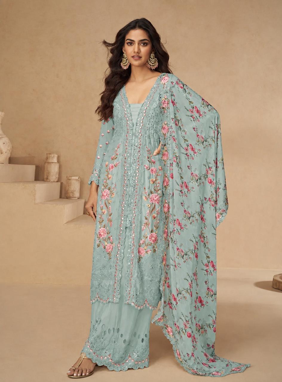 Vichitra Embroidered Kurti With Bottom Dupatta (Floral Chinon Edition)