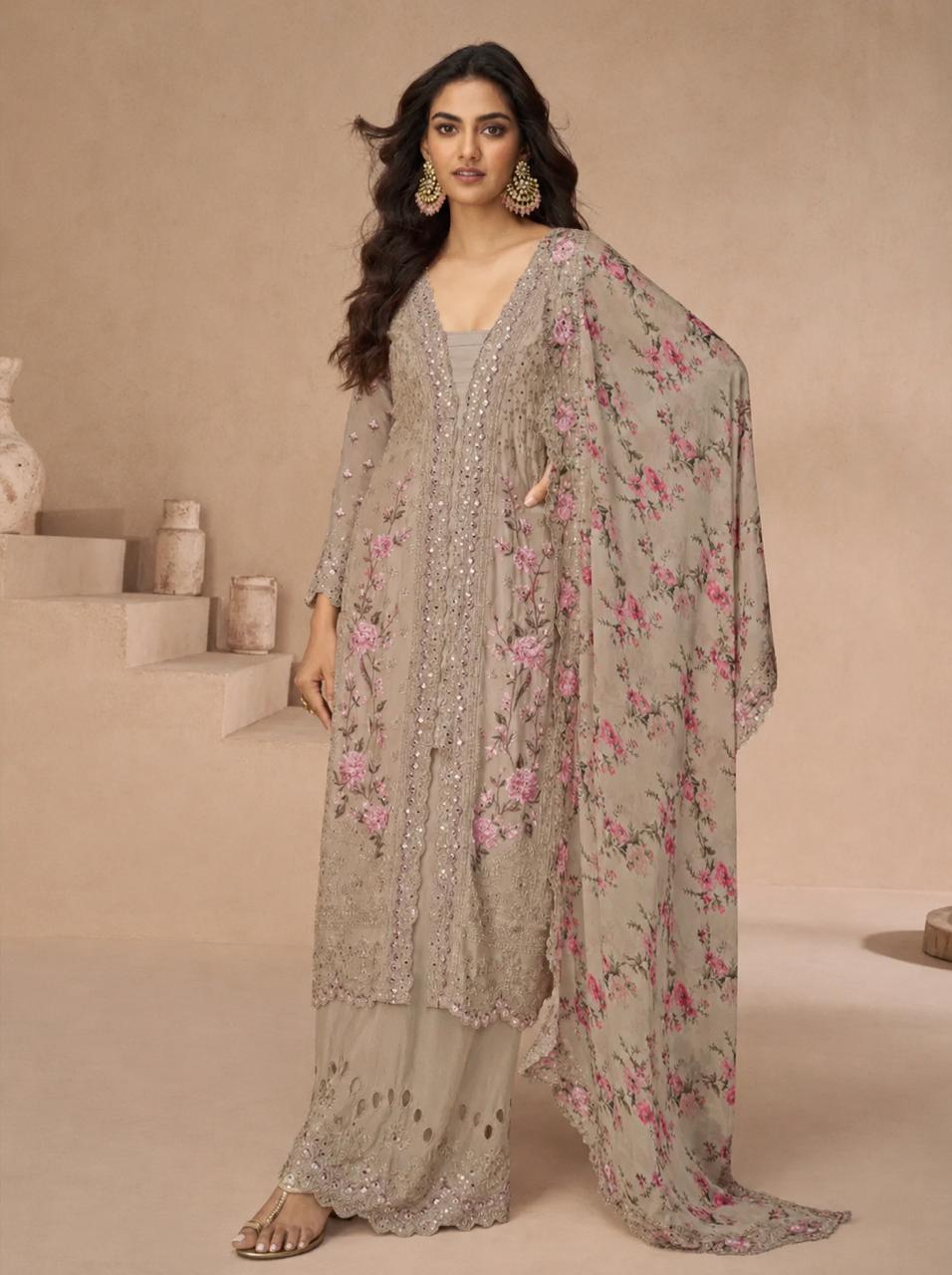 Vichitra Embroidered Kurti With Bottom Dupatta (Floral Chinon Edition)
