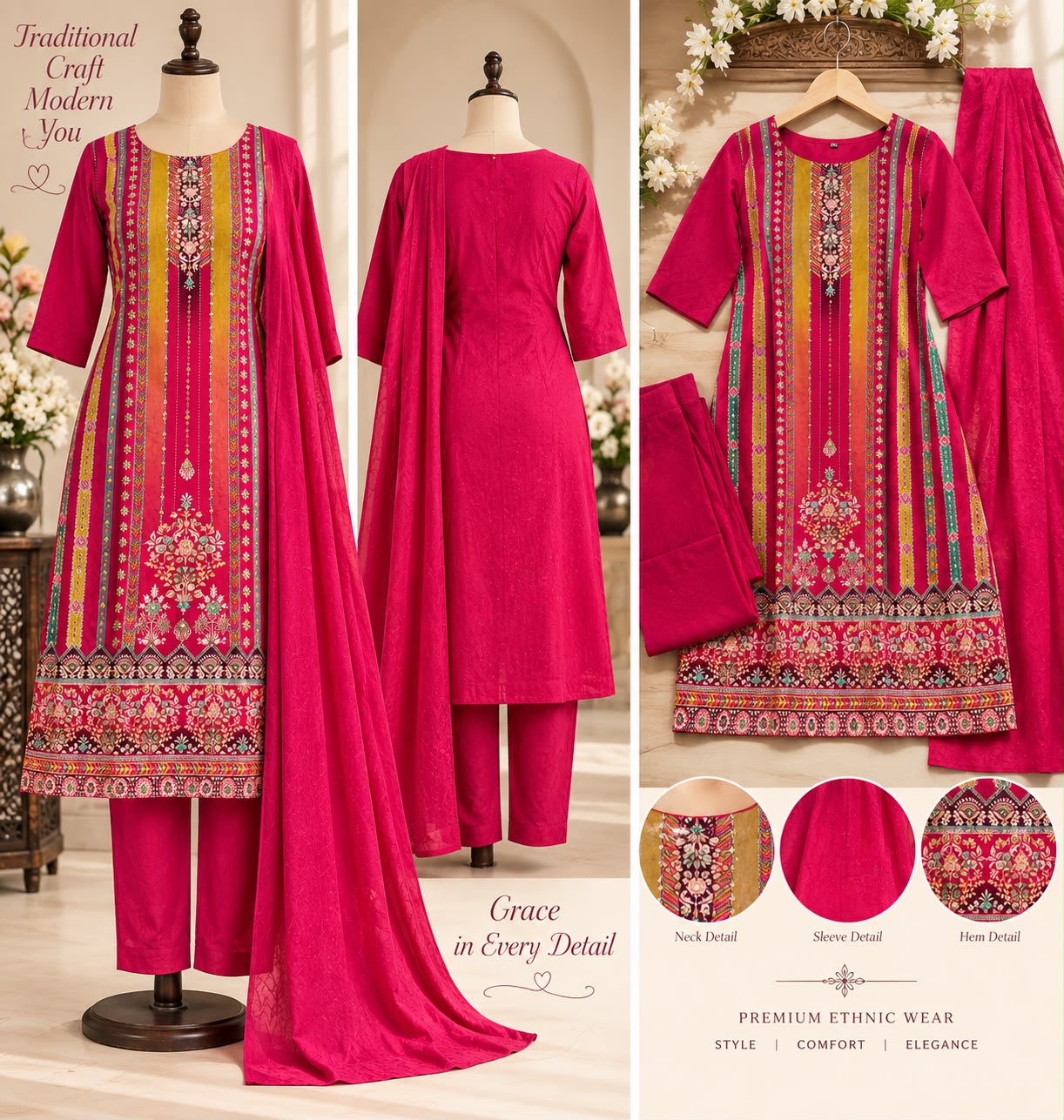 Pink Katdana & Mirror Work Roman Silk Cord Set