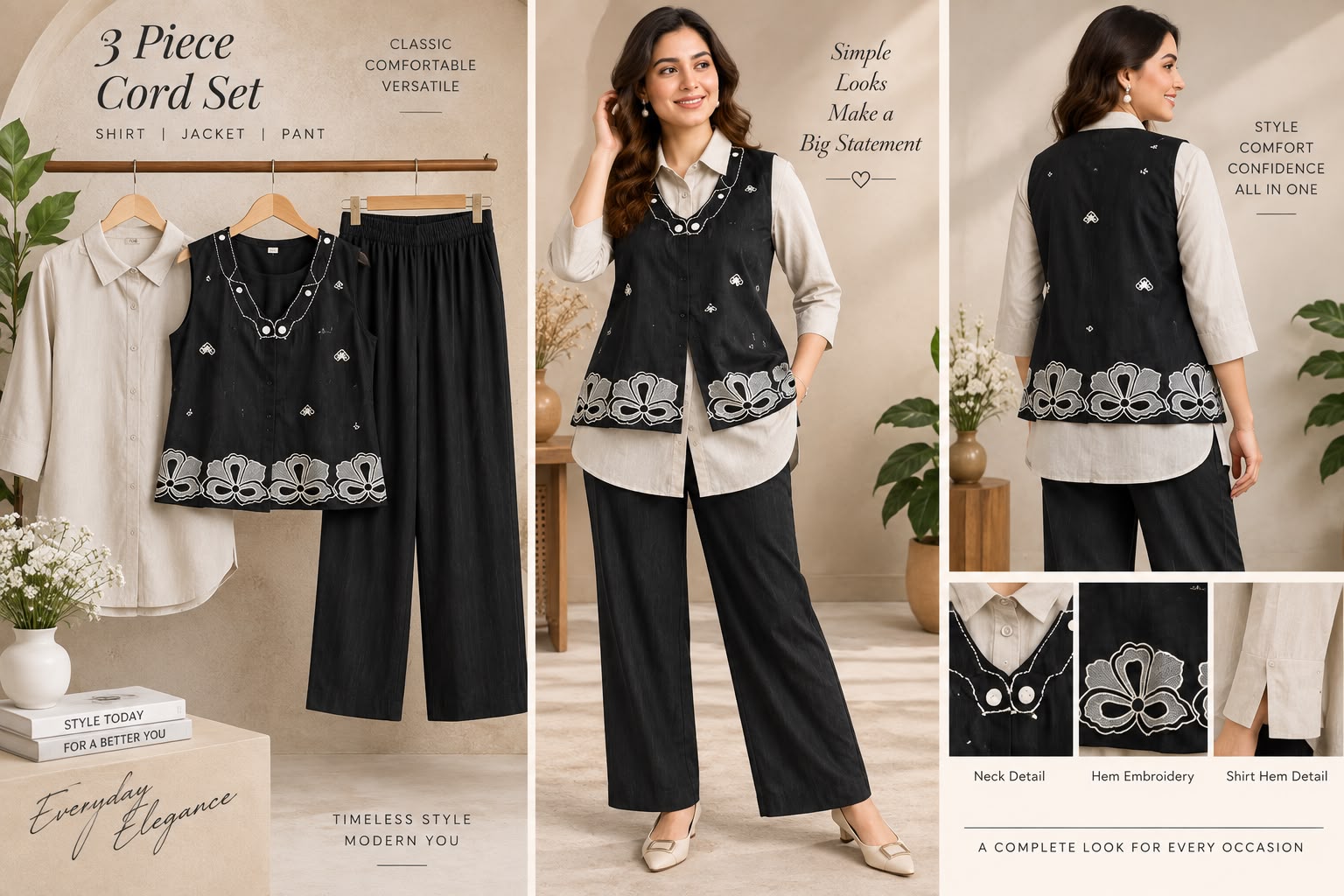 Black Cotton Applique Jacket & Roman Silk Cord Set (3-Piece)