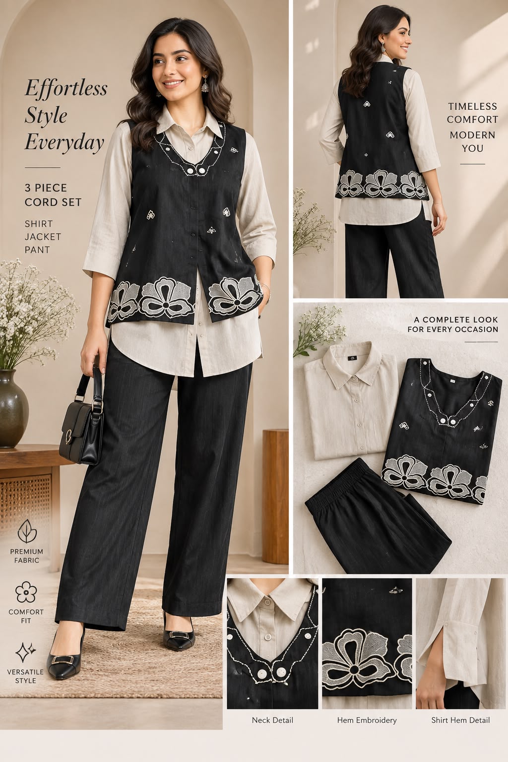 Black Cotton Applique Jacket & Roman Silk Cord Set (3-Piece)
