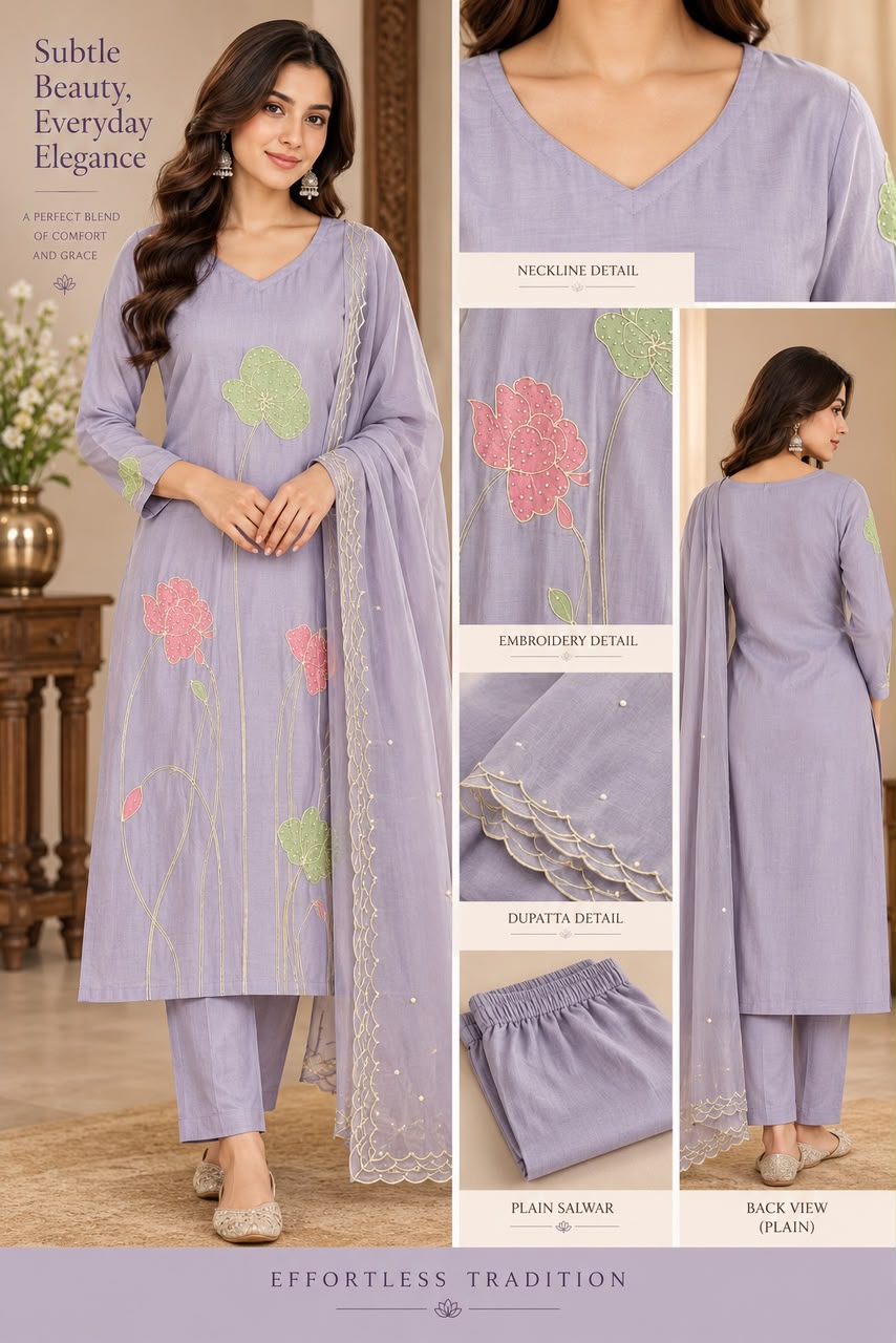 Applique & Katdana Handwork Roman Silk Salwar Suit