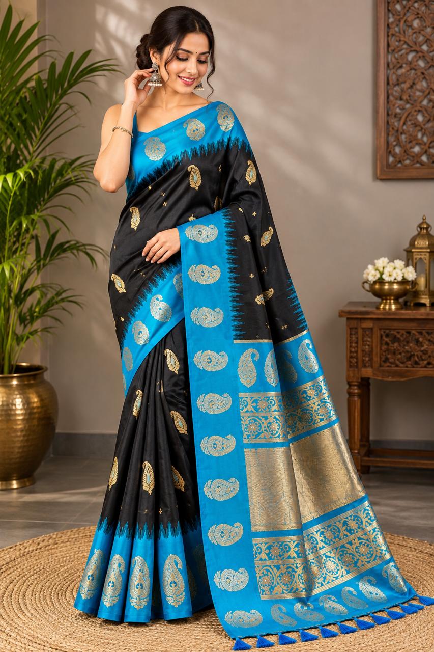Black Mango Butti Soft Silk Saree with Rich Pallu