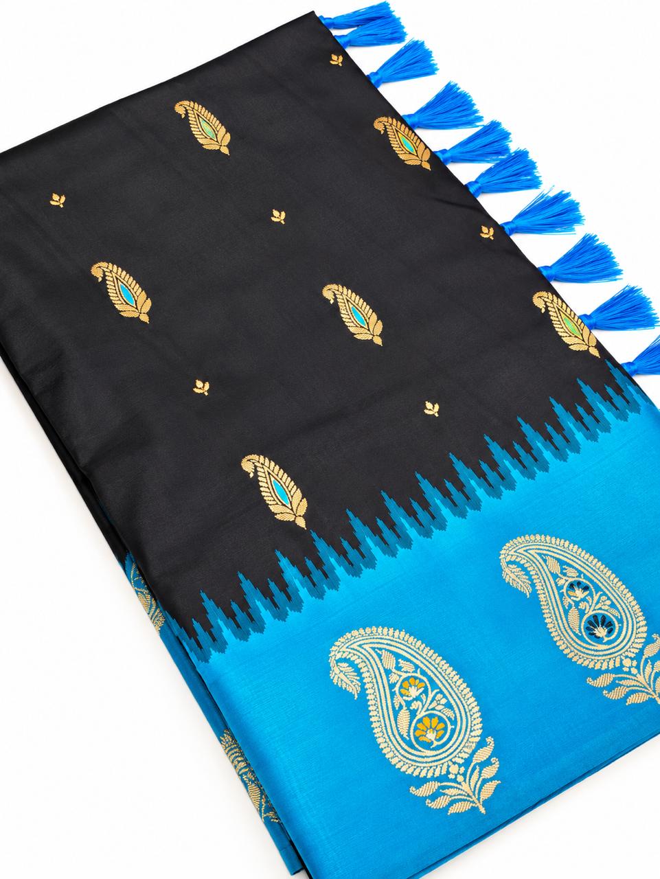 Black Mango Butti Soft Silk Saree with Rich Pallu