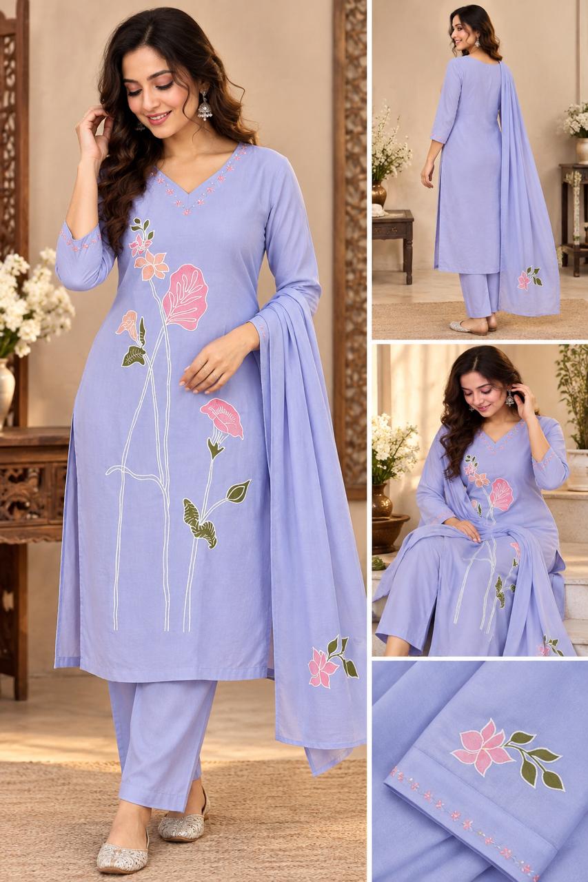 Lavender Applique, Thread & Beads Work Roman Silk Salwar Suit