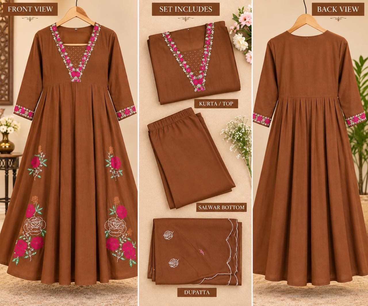 Brown Thread & Beads Embroidered Vatican Silk Anarkali Suit Set