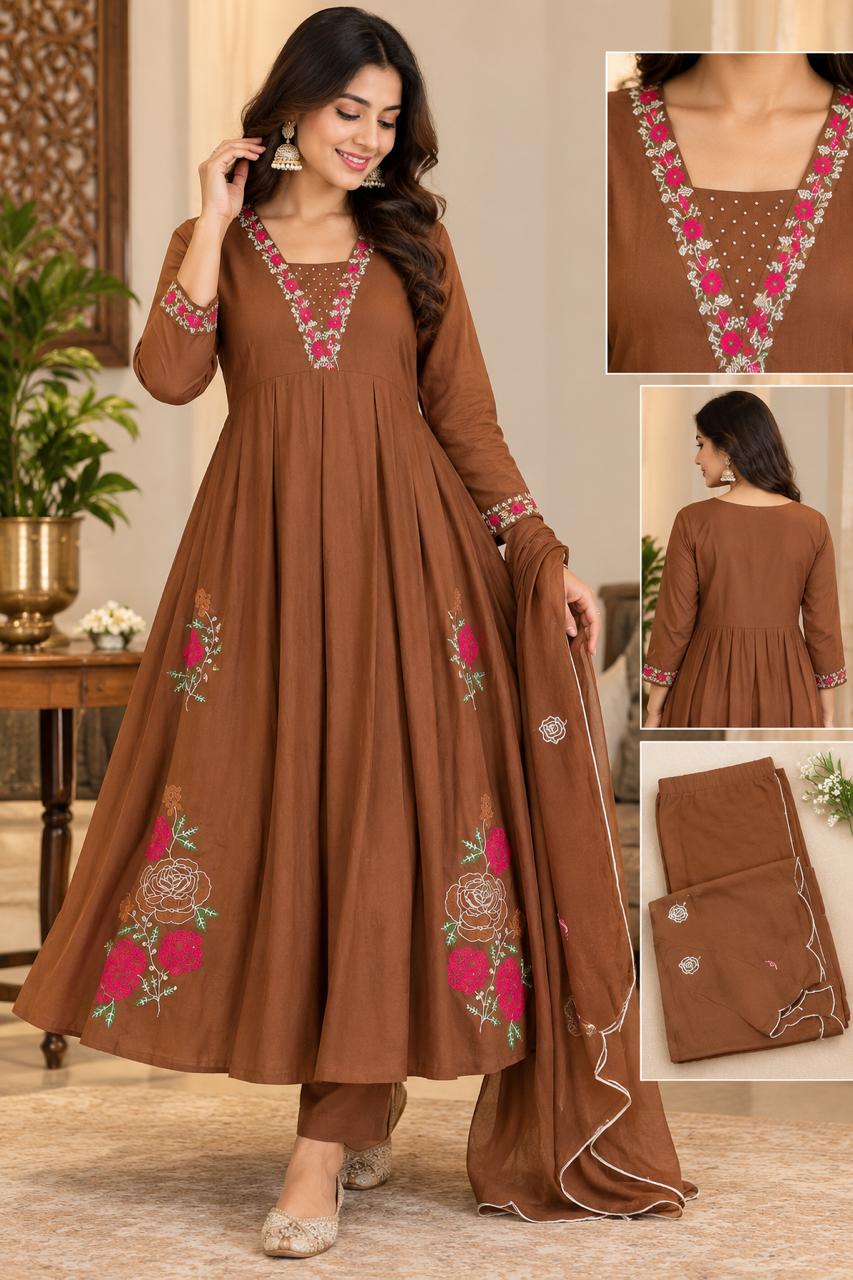 Brown Thread & Beads Embroidered Vatican Silk Anarkali Suit Set