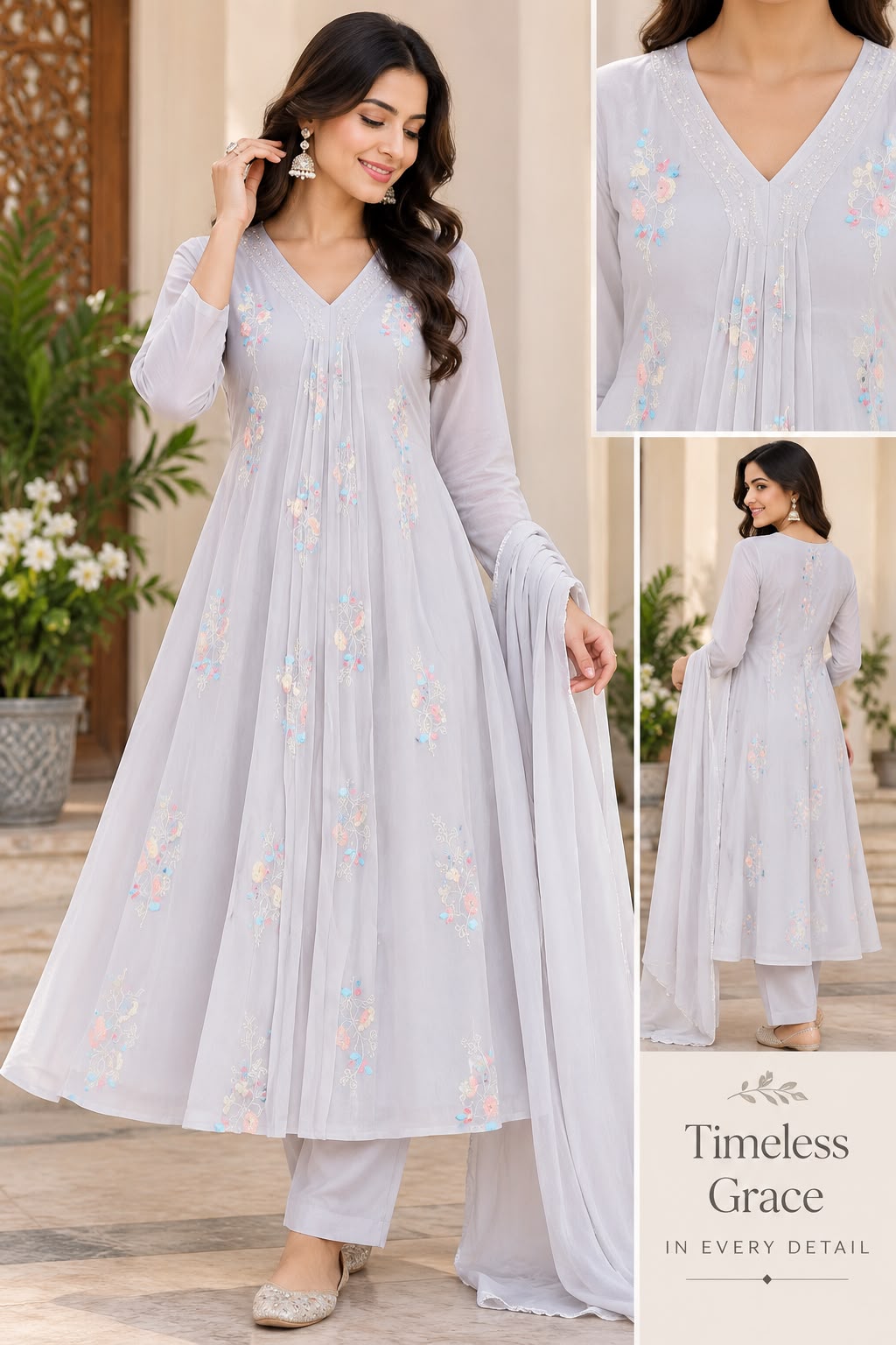 Thread & Beads Embroidered Roman Silk Anarkali Suit Set