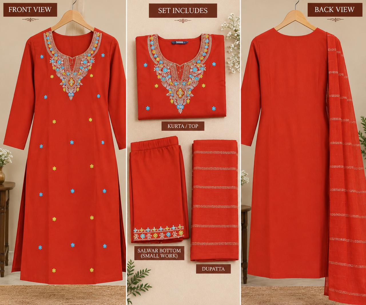 Orange Embroidered Viscose Silk Salwar Suit Set