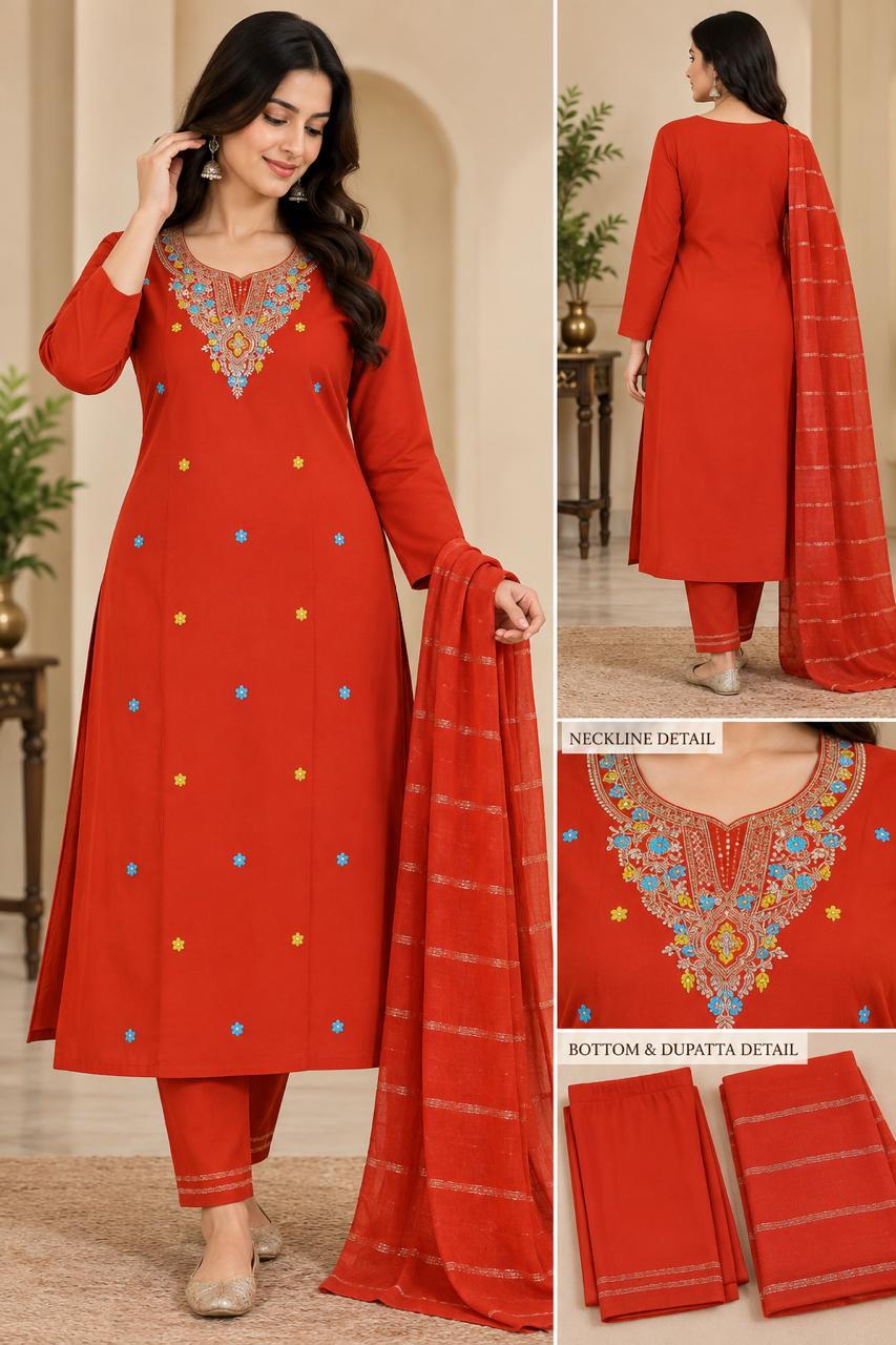 Orange Embroidered Viscose Silk Salwar Suit Set
