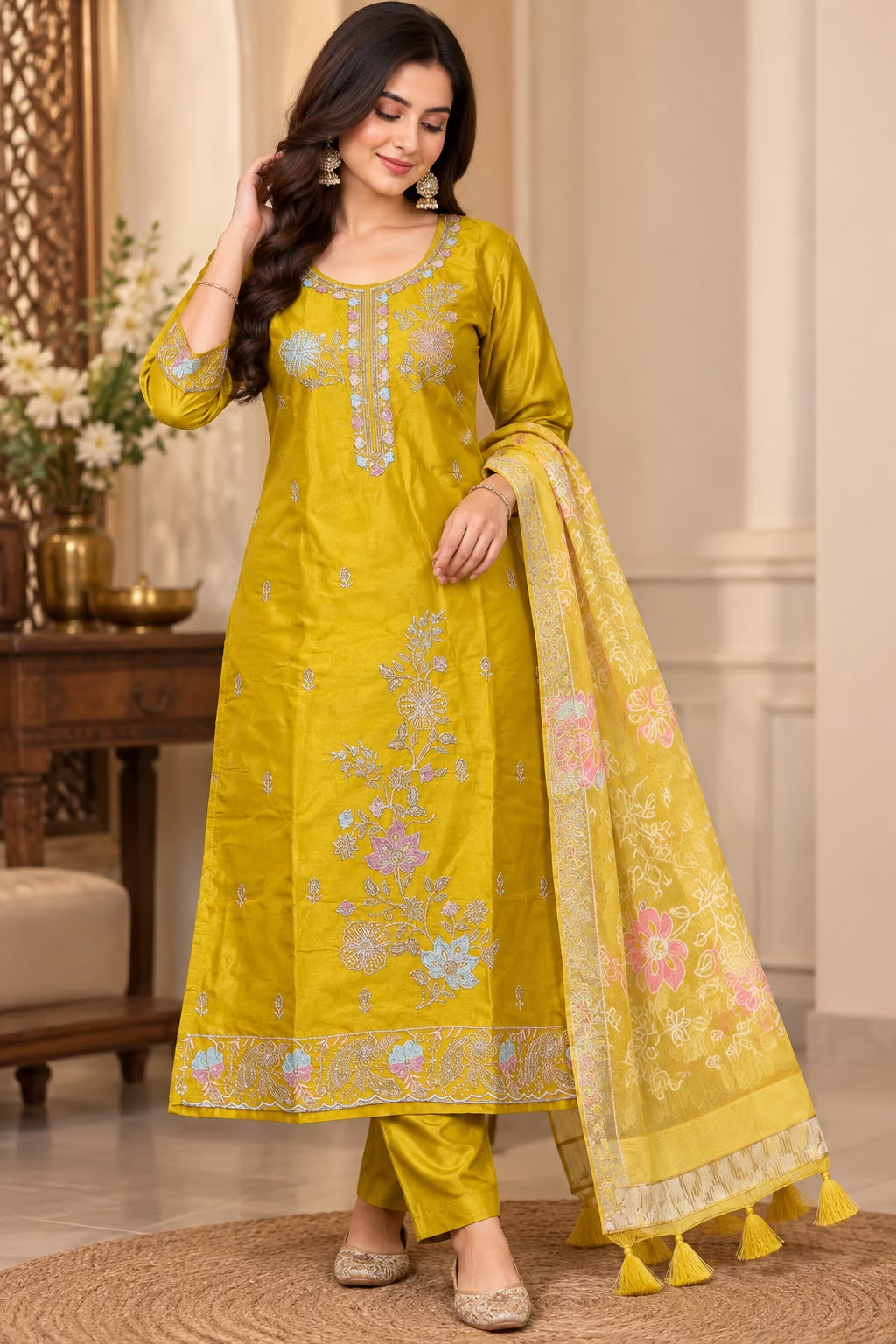 Satin Silk, Embroidery all over, katdani work