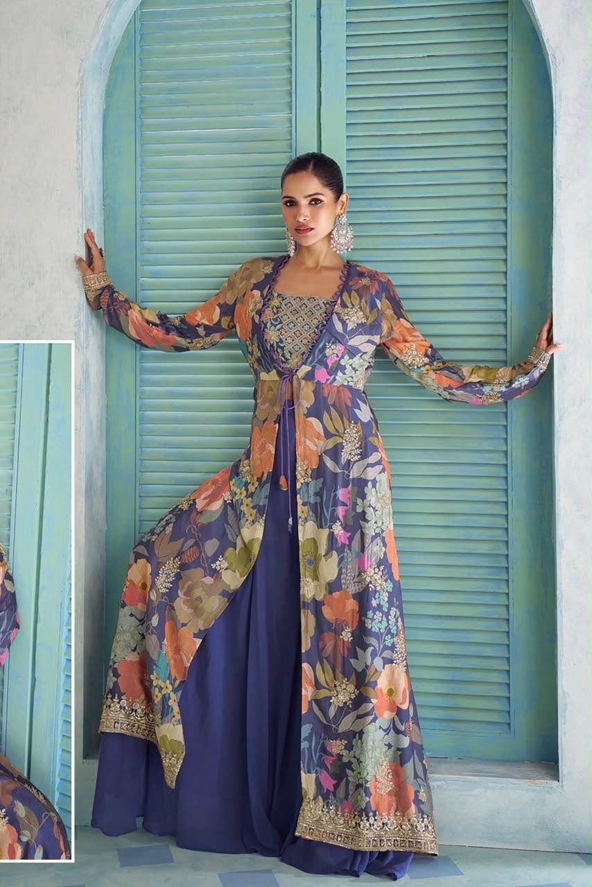 Royal Chinon Digital Print Indo-Western Jacket & Palazzo Set